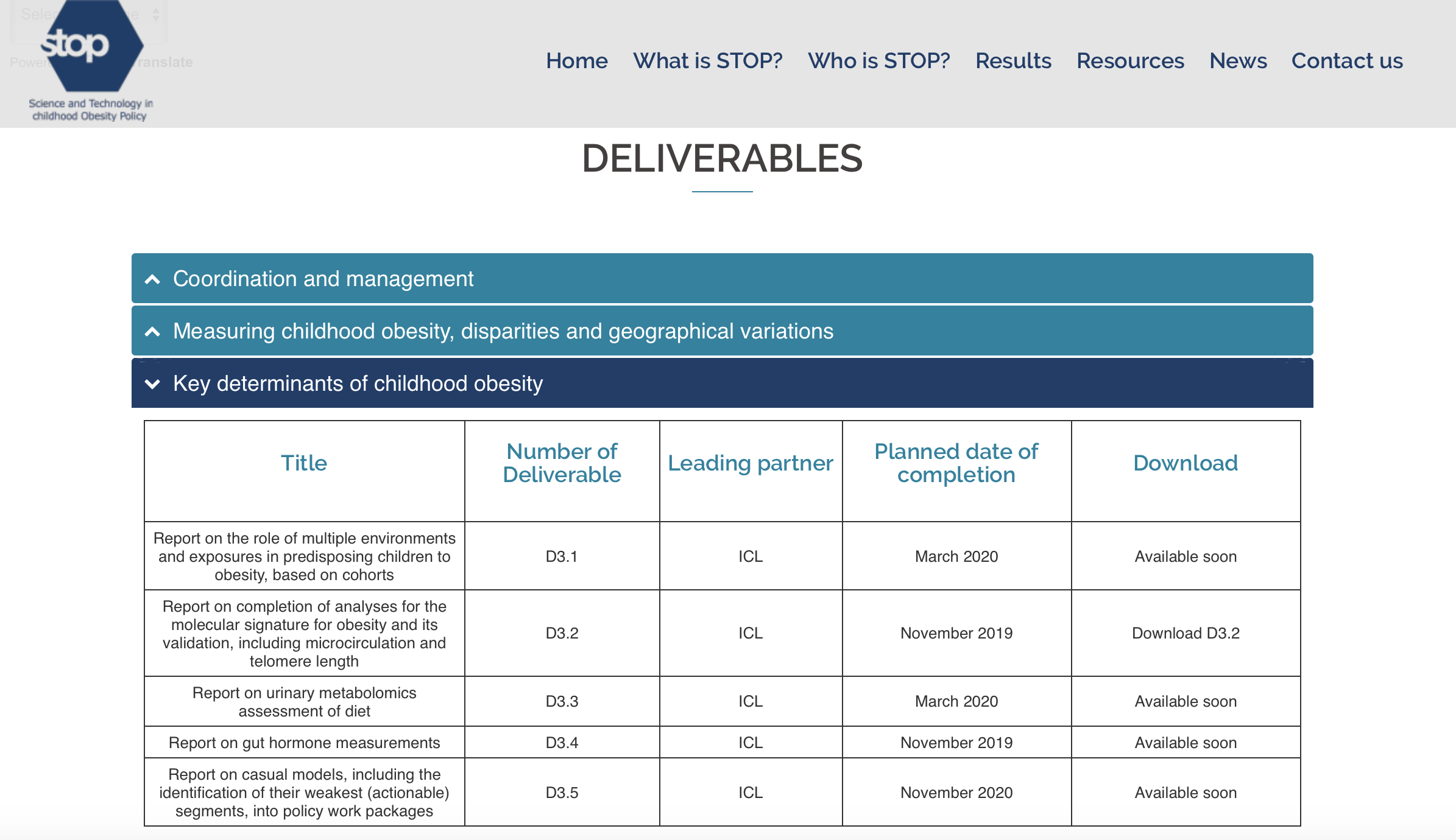 Screenshot of deliverables section
